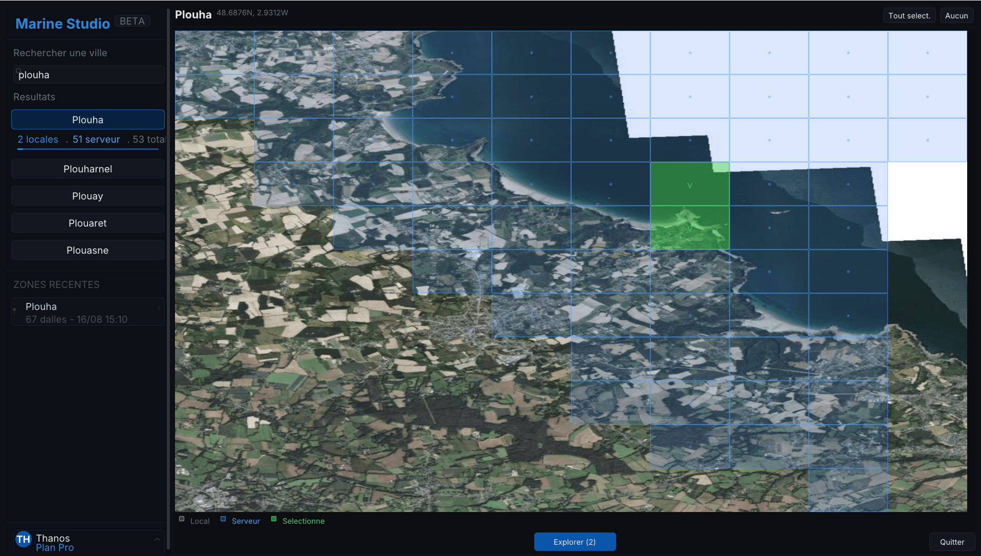 Sélection des dalles sur fond satellite